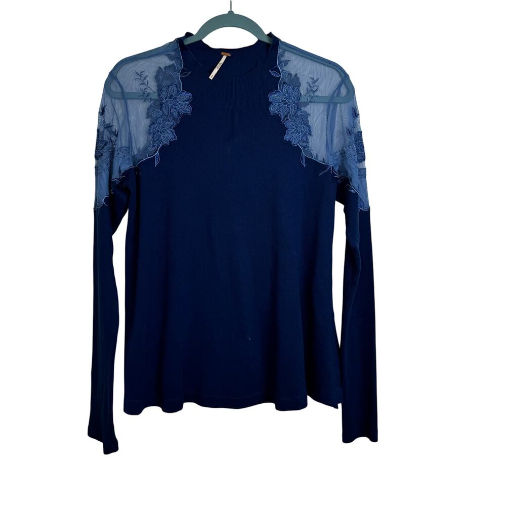 Free People Daniella Blue Floral Embroidery Lace Mesh Tunic Top Women’s Small Sm